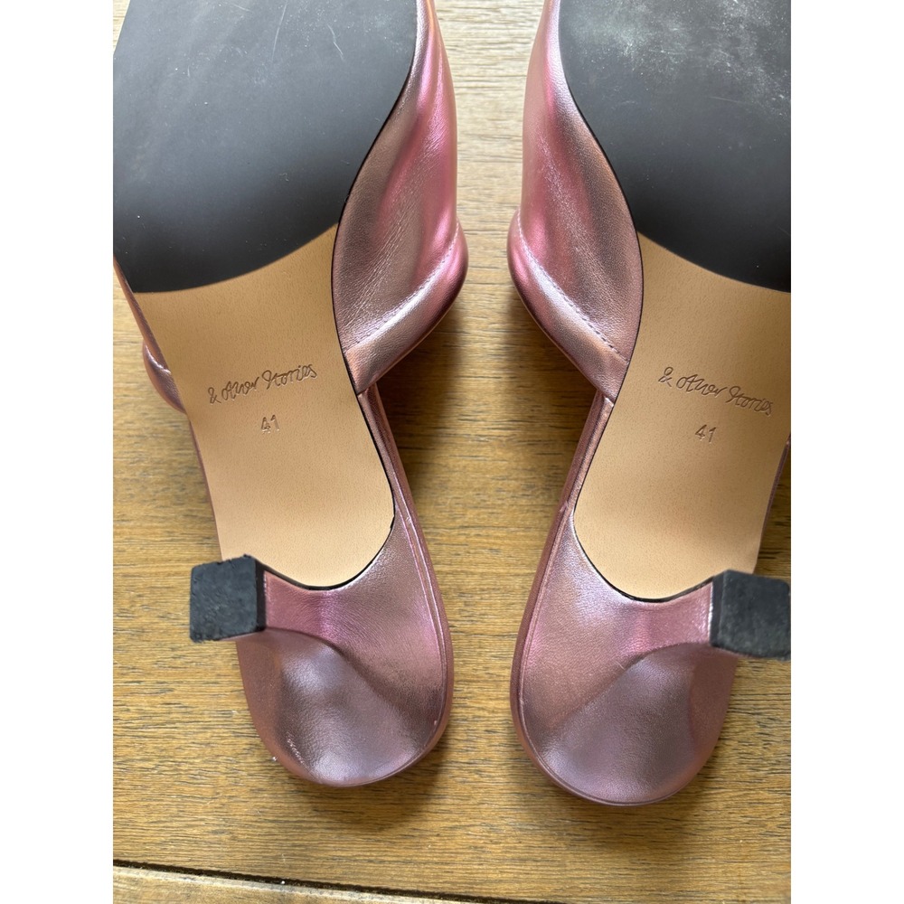 & Other Stories Metallic Pink Leather Square Toe Kitten Heel Mules Size 10 - Picture 8 of 9